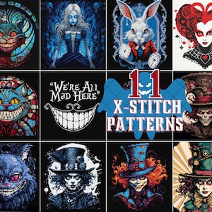 Wonderland Bundle 11-Set Cross Stitch Pattern We&#39;re All Mad Here Gift for Goth X-Stitch Alice in Wonderland Cheshire Cat Modern Cross Stitch