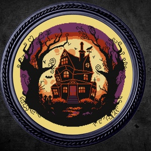 Haunted House Moon Cross Stitch Pattern Digital | Goth | Gothic | Creepy Cross Stitch| Witch | Witchcraft| Modern, Spooky, Dark Xstitch PDF
