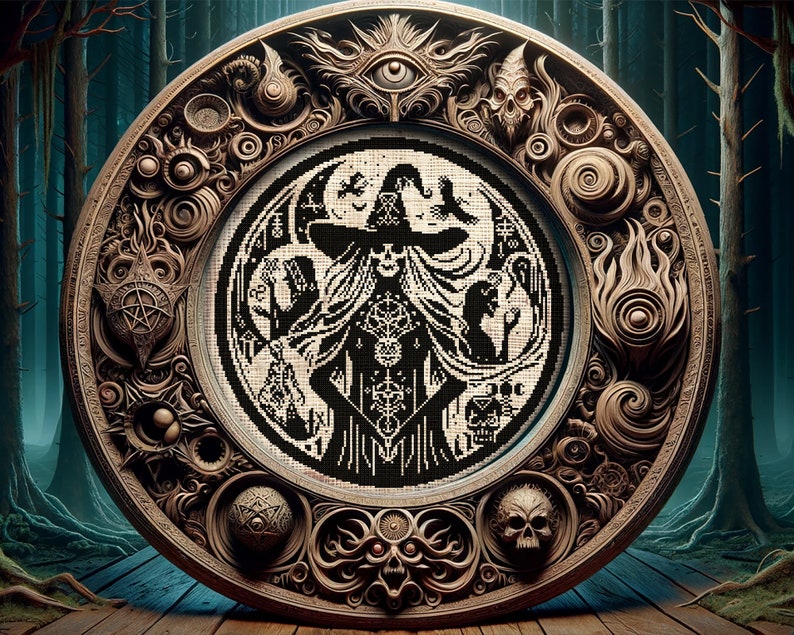 Puede incluir: Una detallada talla de madera circular con una imagen central en blanco y negro de una bruja. El marco exterior presenta dise&ntilde;os intrincados, incluyendo calaveras, ojos y otros s&iacute;mbolos m&iacute;sticos. El fondo muestra un bosque oscuro.