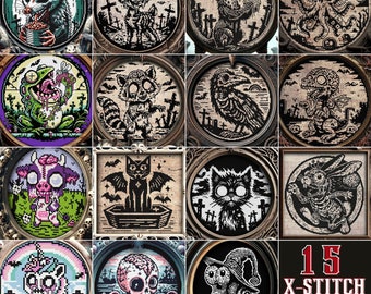 Pet Cemetery Zombie Animals Cross Stitch Pattern Set-15 Designs Bundle Gift for Goth X-Stitch Witchy Spooky Funny Kawaii Halloween Modern