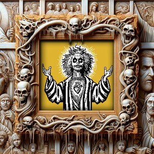 May include: A digital art print of a black and white illustration of a figure with a crown of thorns and a heart on their chest, set against a yellow background. The figure is surrounded by a frame of skulls and vines.