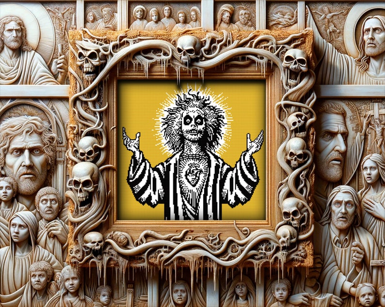 May include: A digital art print of a black and white illustration of a figure with a crown of thorns and a heart on their chest, set against a yellow background. The figure is surrounded by a frame of skulls and vines.
