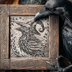 Woodcut Raven Witch Cross Stitch Pattern Horror Gift for Goth X-Stitch Witchy Woodcut Spooky Creepy Primitive Monochrome Halloween Modern Xstitch