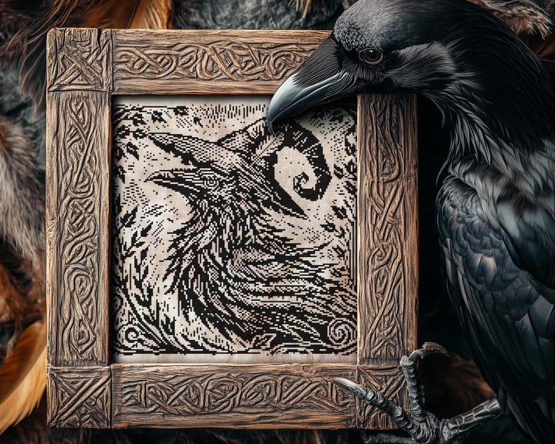 Woodcut Raven Witch Cross Stitch Pattern Horror Gift for Goth X-Stitch Witchy Woodcut Spooky Creepy Primitive Monochrome Halloween Modern Xstitch