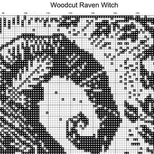 Puede incluir: Imagen de arte de p&iacute;xeles en blanco y negro de una bruja cuervo con una larga capa fluida y un sombrero puntiagudo. La imagen recuerda a una ilustraci&oacute;n de madera.