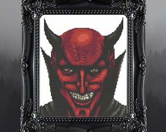 May include: A red devil with horns and a sinister grin. The devil's face is pixelated, giving it a retro video game aesthetic.
