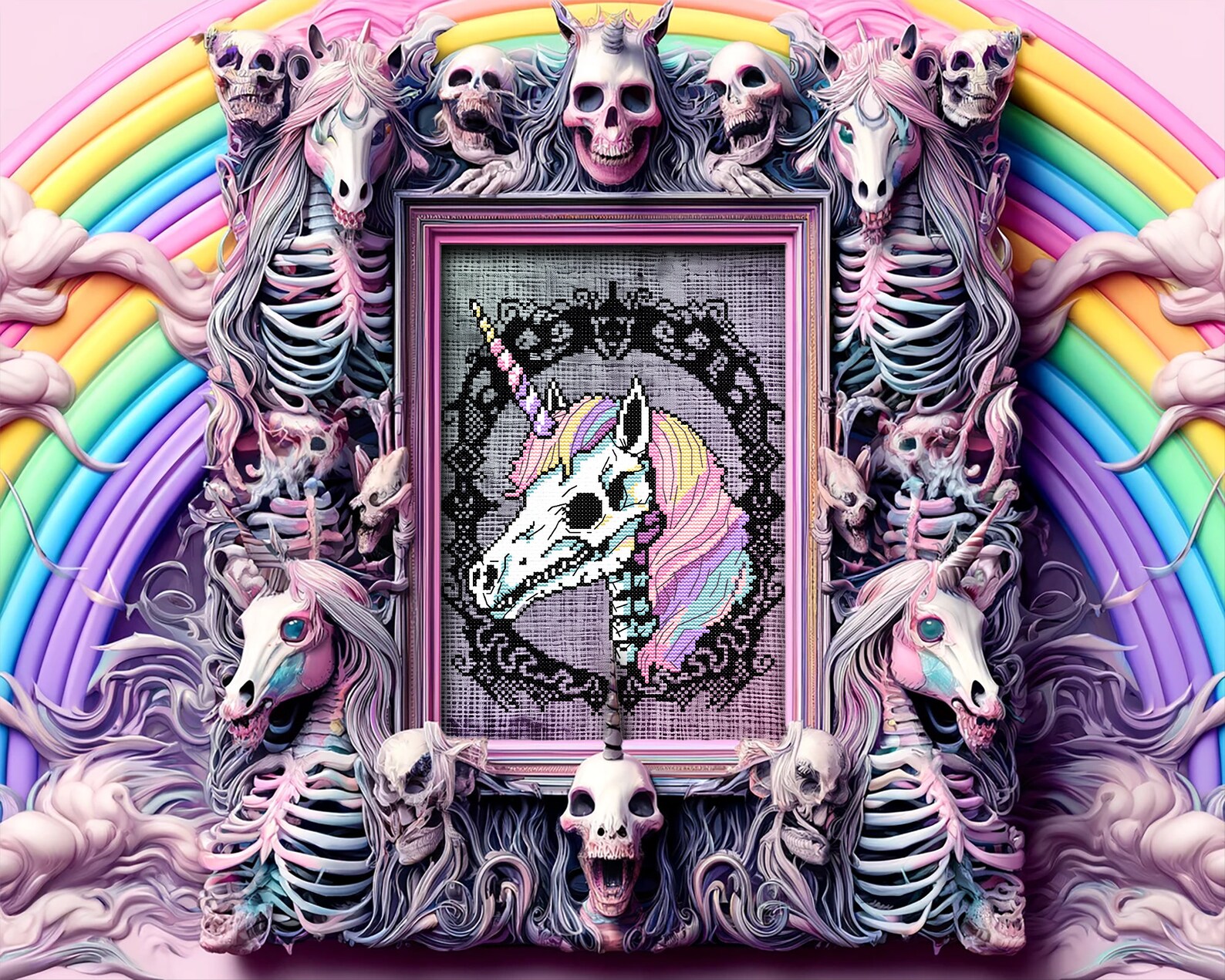 Undead Patterns Pastel Goth Skeleton Unicorn Cross Stitch Pattern Horror Gift for Goth ...