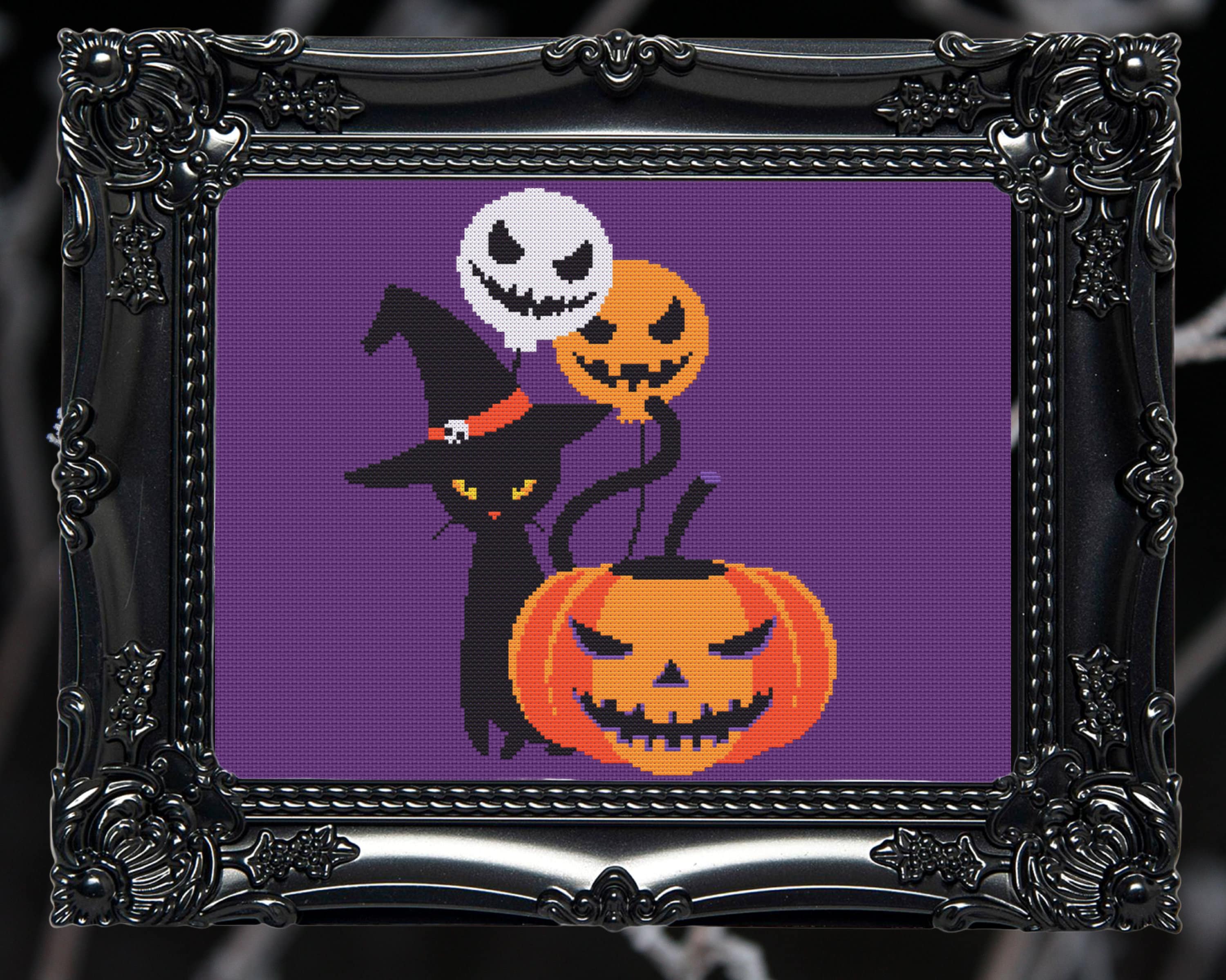 Halloween Black Cat and Pumpkin Cross Stitch Pattern Digital | Goth ...