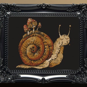 May include: A brown snail with a shell decorated with mushrooms and a black background. The snail is depicted in a cross-stitch style.