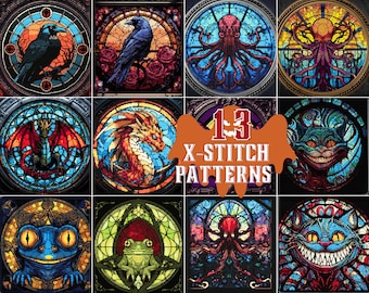 Conjunto de patrones de punto de cruz de animales de vitrales: 11 diseños, regalo para góticos, punto de cruz divertido, punto de cruz de Halloween, punto de cruz moderno
