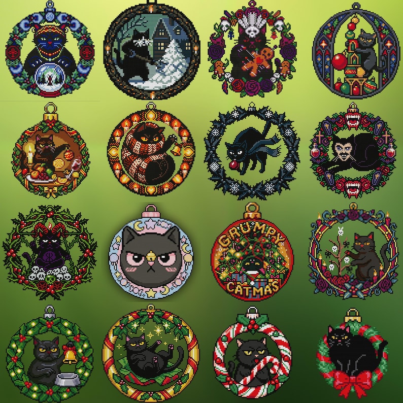 Op de afbeelding: Een verzameling kerstversieringen met katten als thema. Elke versiering toont een zwarte kat in verschillende ontwerpen, waaronder kransen, vakantiesc&egrave;nes en de tekst "Grumpy Catmas". De versieringen zijn in verschillende kleuren, waaronder groen, rood en goud.