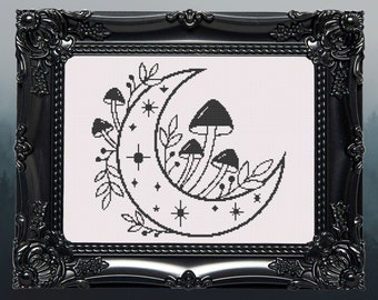 Moon and Mushrooms Cross Stitch Pattern Digital | Goth | Gothic | Creepy Death | Witch | Witchcraft | Dark | Spooky Xstitch PDF