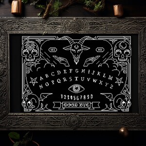 May include: A black and white pixel art ouija board with a goat head, skulls, and the letters of the alphabet, numbers, and the words "yes", "no", and "good bye".