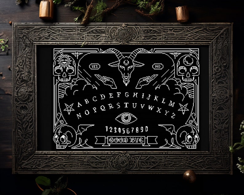 May include: A black and white pixel art ouija board with a goat head, skulls, and the letters of the alphabet, numbers, and the words "yes", "no", and "good bye".
