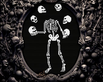 May include: A black and white pixelated image of a skeleton juggling six skulls in a dark, ornate frame. The frame is decorated with intricate carvings of skulls and branches.