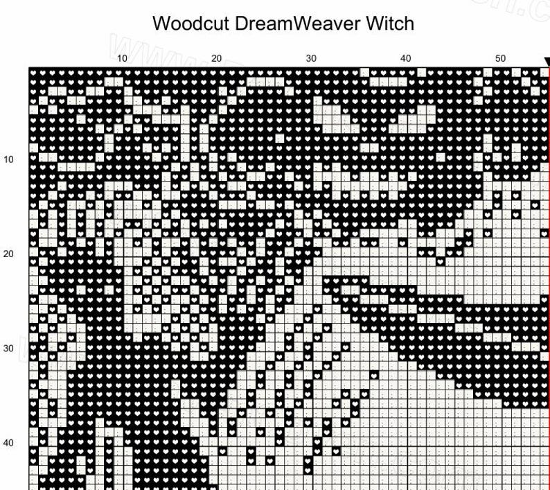 May include: A black and white cross-stitch pattern with the text "Woodcut DreamWeaver Witch" at the top. The pattern features a detailed design, likely for a craft project, with a grid of squares and heart-shaped elements.