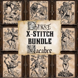 Dödsdansen Korsstygnsmönster Bundle 8 Träsnittsdesign av Robert Budzinski Makaber Gåva för Goth Häxig Spöklik Halloween Modern Xstitch