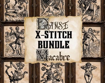 Dance of Death Cross Stitch Pattern Bundle 8 Woodcut Design by Robert Budzinski Macabre Gift for Goth Witchy Spooky Halloween Modern Xstitch