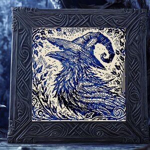 Woodcut Raven Witch Cross Stitch Pattern Horror Gift for Goth X-Stitch Witchy Woodcut Spooky Creepy Primitive Monochrome Halloween Modern Xstitch