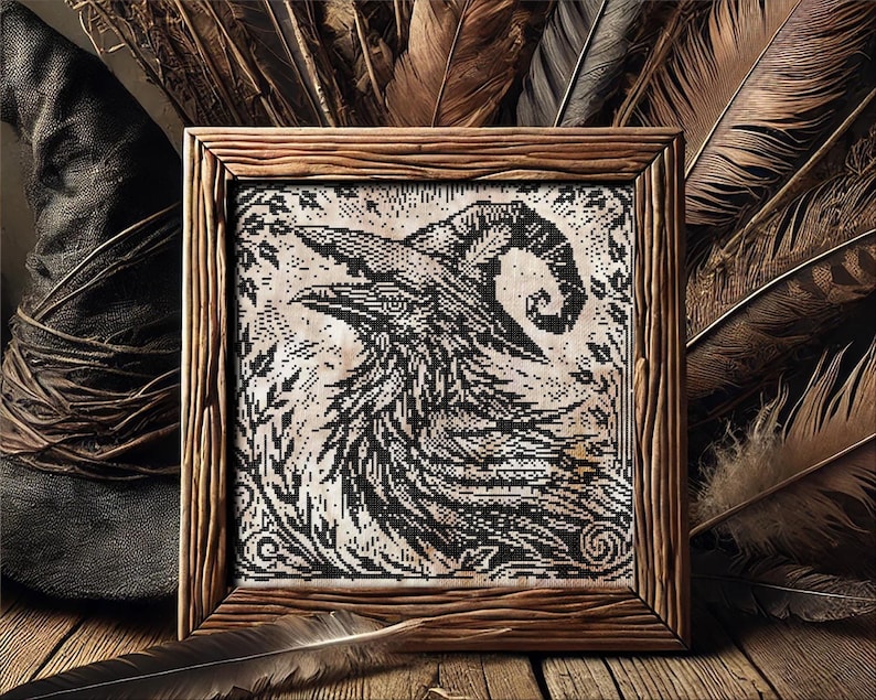 Woodcut Raven Witch Cross Stitch Pattern Horror Gift for Goth X-Stitch Witchy Woodcut Spooky Creepy Primitive Monochrome Halloween Modern Xstitch