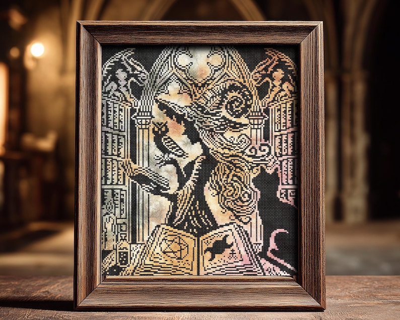 May include: Framed cross-stitch art featuring a woman with long hair, reading a book with a pentagram. The artwork is in a wooden frame. The color palette includes black, beige, and gold tones, with gothic architectural elements.