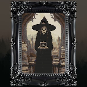 May include: A skeletal witch wearing a black pointed hat and dress stands in front of a stack of books. She holds a small box with a pentagram symbol on it. The background is a dark forest with a foggy atmosphere.