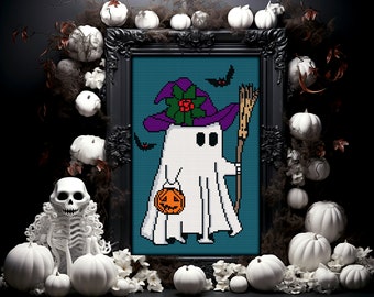 May include: A cross-stitch pattern of a ghost wearing a purple witch hat with a green flower and holding a pumpkin bucket and a broom. The ghost is on a teal background with bats flying above.