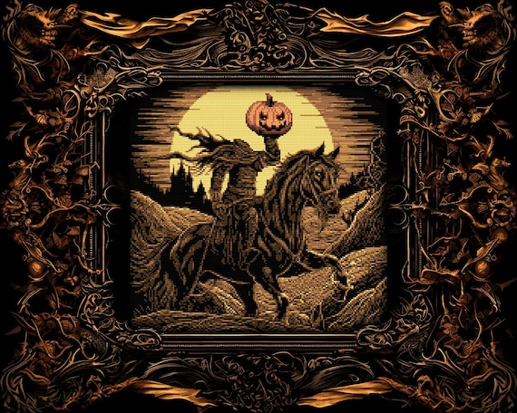 Sleepy Hollow Cross Stitch Pattern Gift for Goth X-Stitch Spooky Woodcut Cross Stitch Pattern Halloween Headless Horseman Cross Stitch