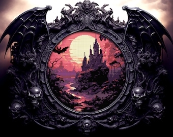 Schloss Dracula Kreuzstichmuster Horror Geschenk für Goth X-Stitch Blackwork Spooky Creepy Kreuzstich Halloween Cross Stitch Modern
