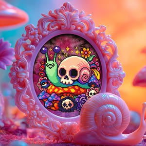 Puede incluir: Un marco rosa adornado rodea un dise&ntilde;o de punto de cruz con una calavera, un caracol y setas. Un caracol rosa a juego est&aacute; delante del marco. El fondo incluye setas y flores caprichosas en tonos rosas y morados.