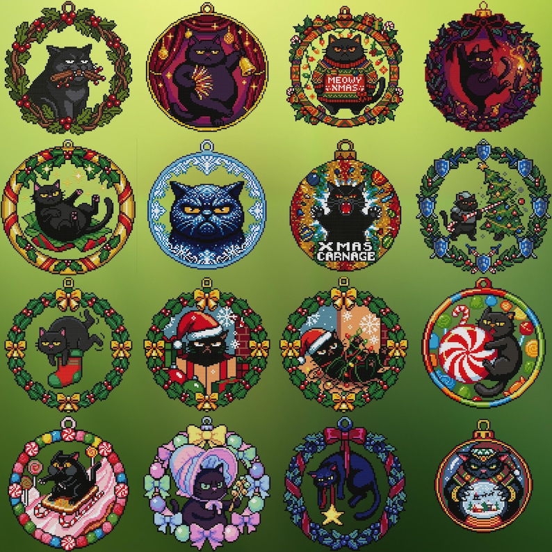 Op de afbeelding: Een verzameling gepixelde kerstballen met zwarte katten in verschillende feestelijke sc&egrave;nes. Sommige ballen bevatten tekst zoals "Meowy Xmas" en "Xmas Carnage". Elke bal is rond met een decoratieve rand.