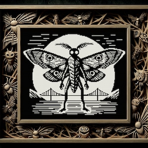 Woodcut Mothman Gothic Cross Stitch Pattern Horror Gift for Goth X-Stitch Witchy Blackwork Spooky  Halloween Death Hawk Moth Modern Xstitch