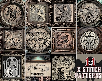 Woodcut Witches Cross Stitch Pattern Bundle Set-11 Designs Horror Gift for Goth Witchy Raven Wood Witch Spooky Halloween Cat Modern Xstitch