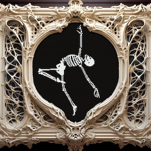 May include: A white skeleton in a dancing pose is framed in a white, ornate, and intricate frame. The frame is made of a material that resembles bone.
