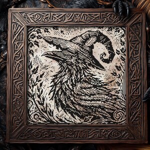 Woodcut Raven Witch Cross Stitch Pattern Horror Gift for Goth X-Stitch Witchy Woodcut Spooky Creepy Primitive Monochrome Halloween Modern Xstitch