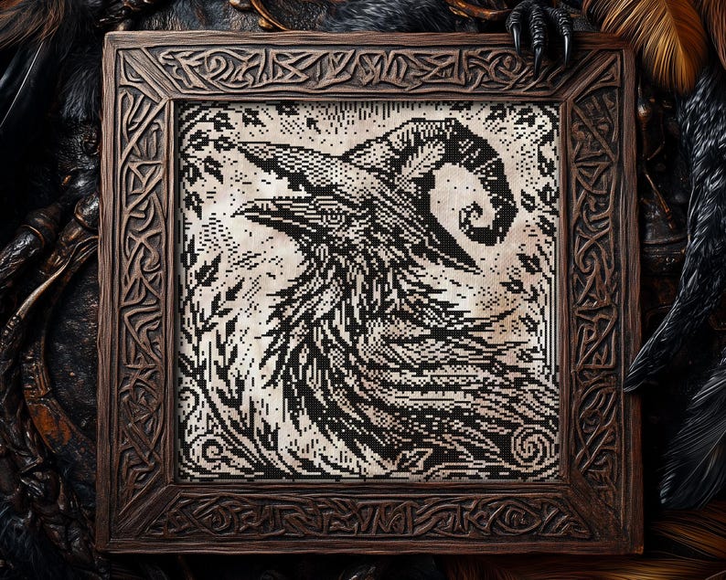 Woodcut Raven Witch Cross Stitch Pattern Horror Gift for Goth X-Stitch Witchy Woodcut Spooky Creepy Primitive Monochrome Halloween Modern Xstitch