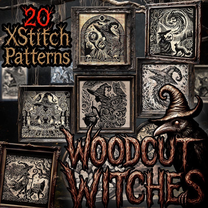 Puede incluir: Una colecci&oacute;n de patrones de punto de cruz enmarcados con un tema oscuro y g&oacute;tico. La obra de arte presenta brujas, cuervos y s&iacute;mbolos m&iacute;sticos en tonos negros y beige. El texto "20 XStitch Patterns" y "Woodcut Witches" es visible.