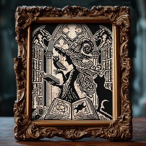May include: A framed cross-stitch artwork featuring a witch silhouette with an owl and a black cat. The artwork is in black and cream colors, set against a backdrop of a gothic window and bookshelves. The frame is ornate, with a gold finish.