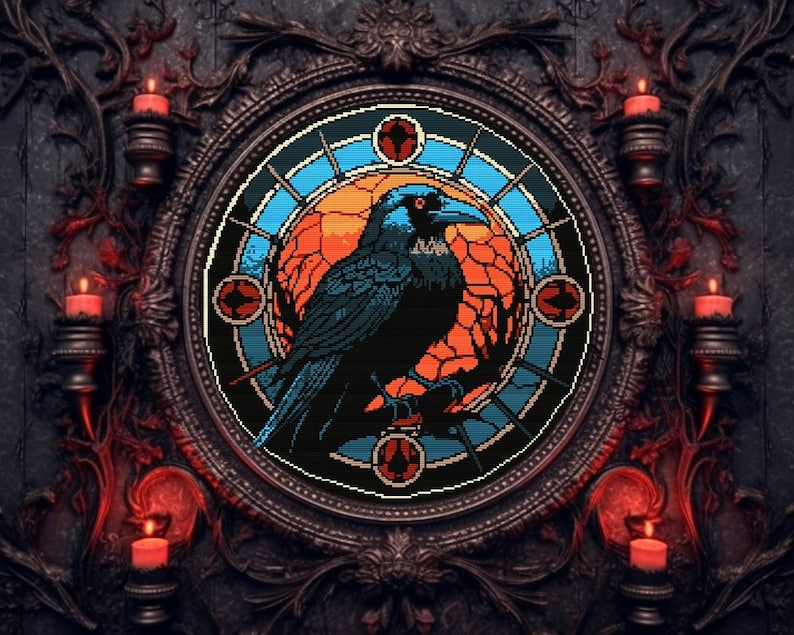 May include: A black raven perched on a branch in a stained glass window with a blue, orange, and red color scheme. The window is framed in a dark, ornate frame.