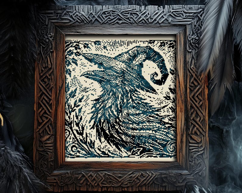 Woodcut Raven Witch Cross Stitch Pattern Horror Gift for Goth X-Stitch Witchy Woodcut Spooky Creepy Primitive Monochrome Halloween Modern Xstitch