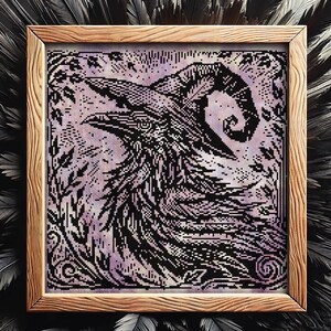 Woodcut Raven Witch Cross Stitch Pattern Horror Gift for Goth X-Stitch Witchy Woodcut Spooky Creepy Primitive Monochrome Halloween Modern Xstitch