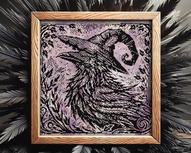 Woodcut Raven Witch Cross Stitch Pattern Horror Gift for Goth X-Stitch Witchy Woodcut Spooky Creepy Primitive Monochrome Halloween Modern Xstitch