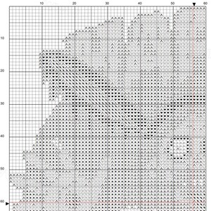 May include: Black and white pixel art cross stitch pattern of a zombie Jesus. The pattern is on a grid with numbers along the top and side.