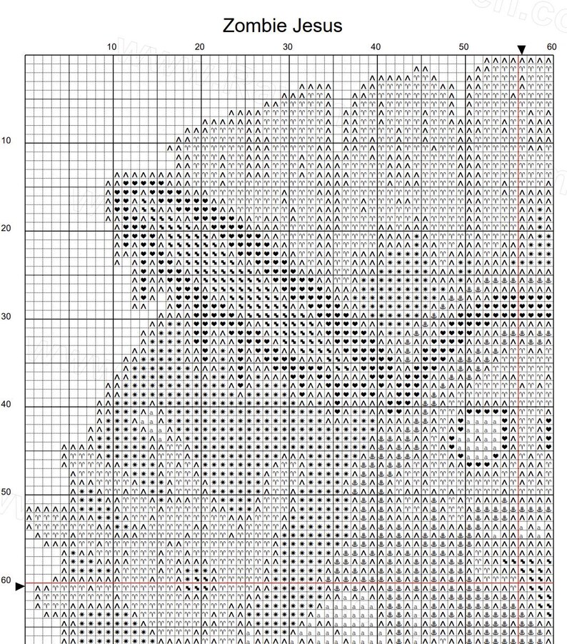 May include: Black and white pixel art cross stitch pattern of a zombie Jesus. The pattern is on a grid with numbers along the top and side.