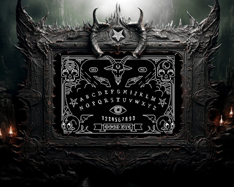 May include: A black and white Ouija board with a skull, goat, and crescent moon design. The board has the letters A-Z, numbers 0-9, and the words "YES", "NO", and "GOOD BYE".