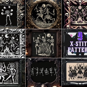 May include: Nine framed cross-stitch patterns with a gothic theme. The patterns depict skeletons in various poses, including juggling, dancing, and around a bonfire. The frames are ornate, with skull and floral designs. The text "9 X-STITCH PATTERNS" is visible.