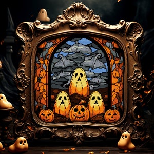 Stained Glass Halloween Pumpkins Cross Stitch Pattern Gothic Gift for Goth X-Stitch Witchy Spooky Halloween Creepy Cross Stitch Modern