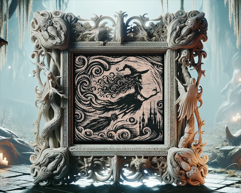 The Flight of a Witch Woodcut Cross Stitch Pattern Horror Gift for Goth X-Stitch Witchy Occult Spooky Creepy Dark Halloween Modern Xstitch
