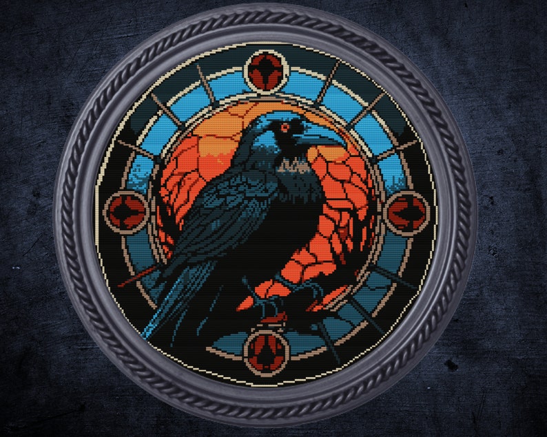May include: A black raven with red eyes perched on a branch in a stained glass window with blue, orange, and red colors.