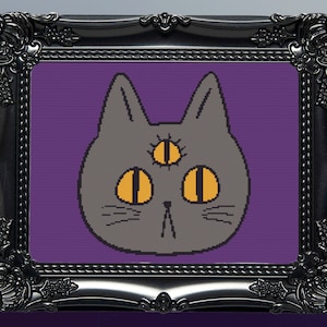 May include: A gray cat with a third eye in the center of its forehead. The cat has yellow eyes and is on a purple background.
